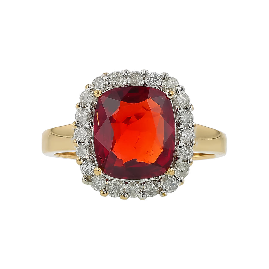 Cushion Garnet and Diamond Halo Ring in 14K Yellow Gold, size 7