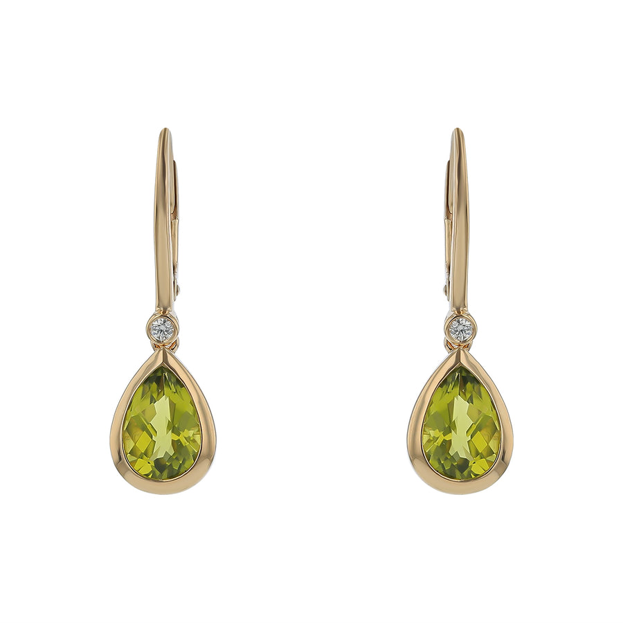 Pear Peridot and Diamond Drop Earrings in 14K Yellow Gold