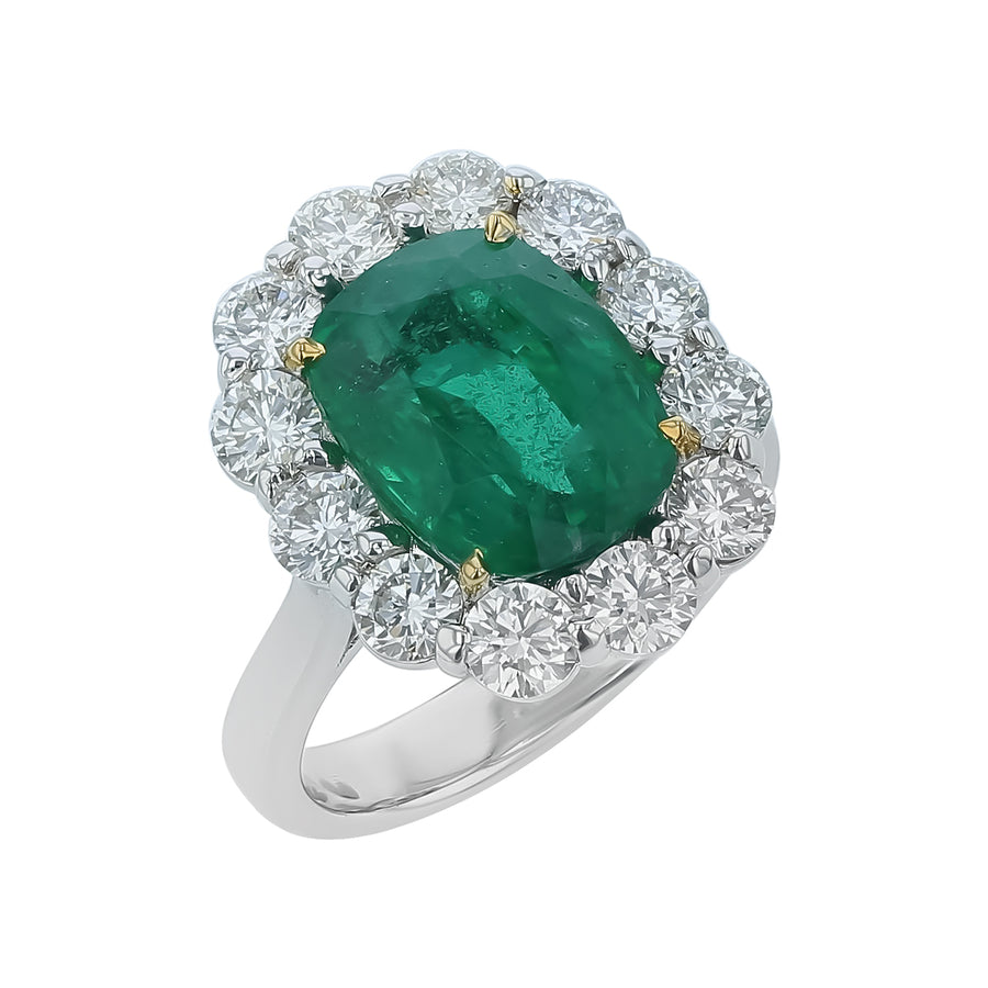 5.12ct Oval Emerald and 1.32ct Diamond Halo Ring in 18K White Gold, size 7