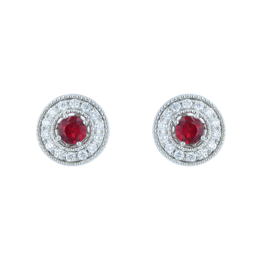 0.82ct Round Ruby and 0.38ct Diamond Halo Earrings in 14K White Gold