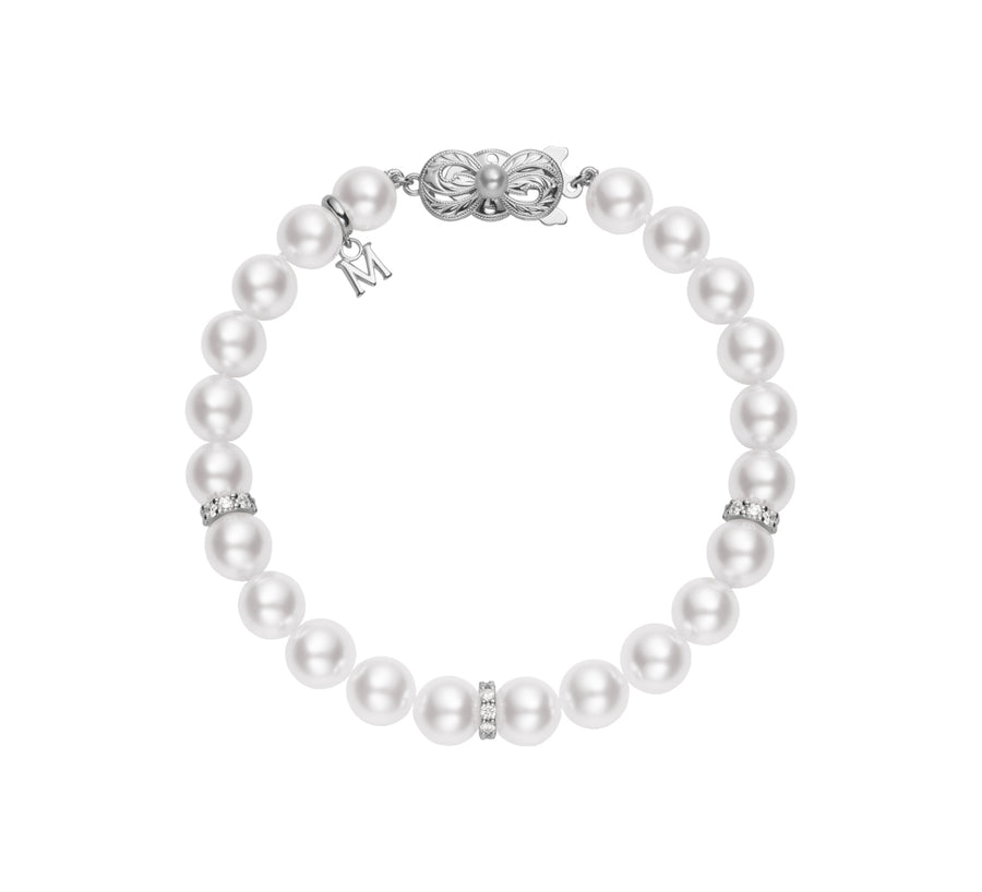 0.45Ct and 7.5-7mm A+ Akoya Pearls Bracelet in 18K White Gold, 7.5in