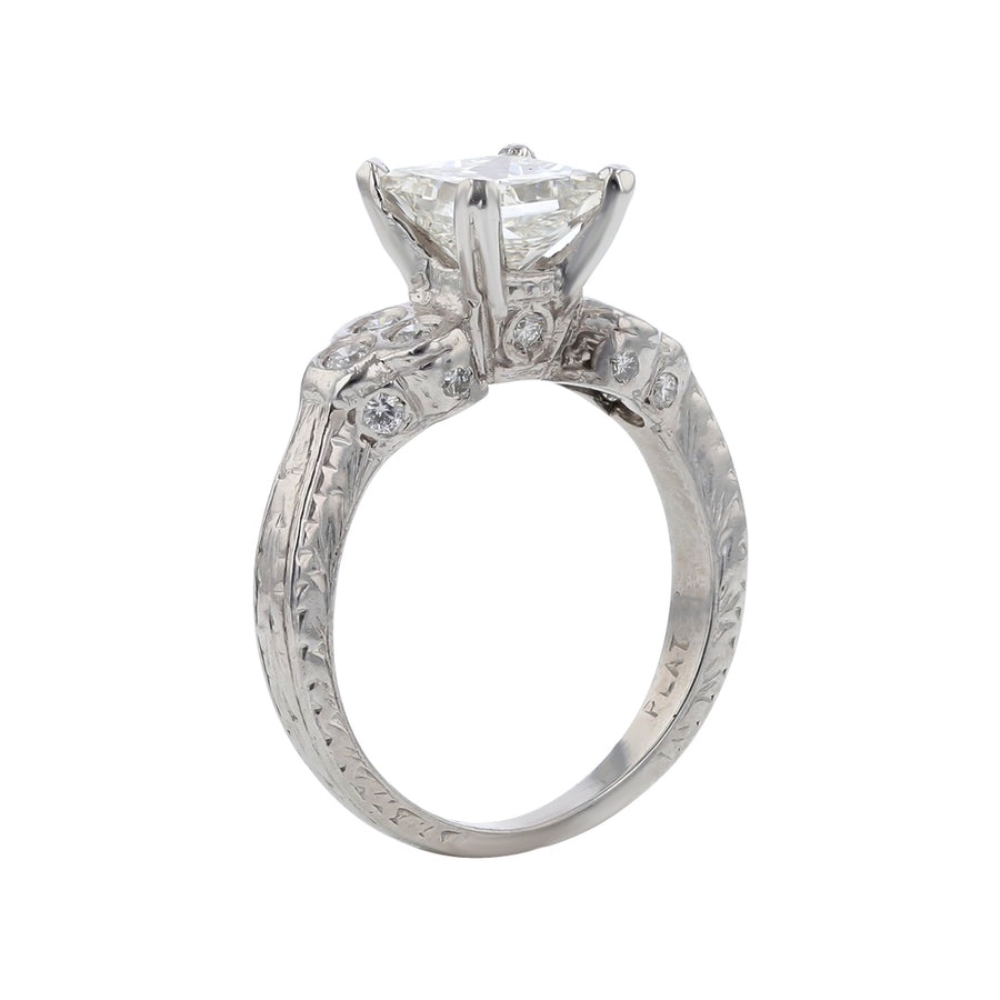 1.53ct Princess Cut Diamond and 0.33ct Diamond Engraved Ring in Platinum, size 6