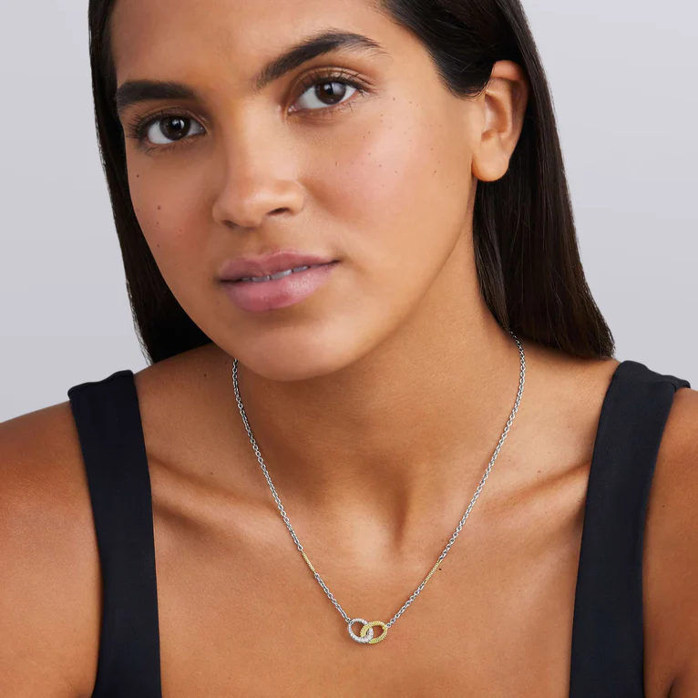 Caviar Lux Diamond Interlocking Necklace in Sterling Silver and 18K Yellow Gold, 16-18"