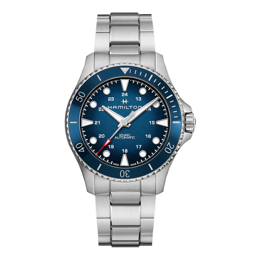 43mm Khaki Navy Scuba Auto Watch with Blue Dial in Stainless Steel, Bracelet