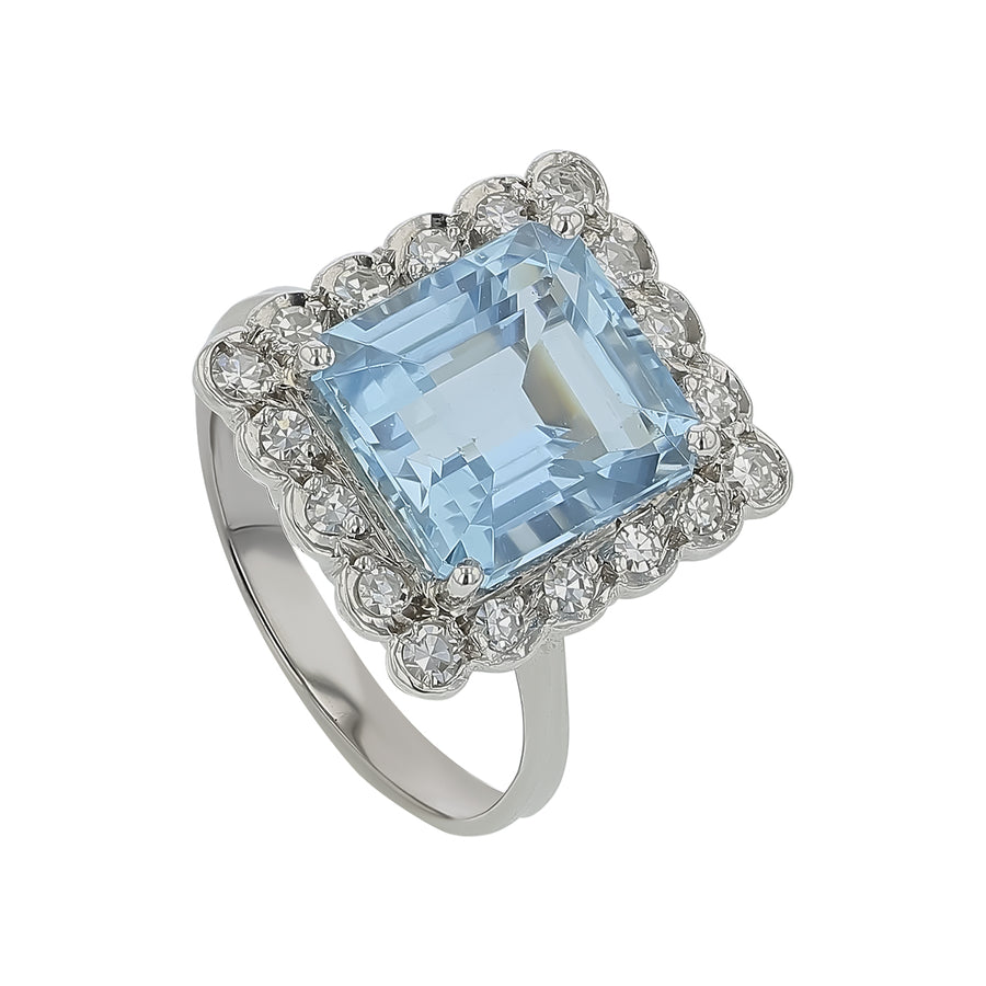 4.80ct Emerald Cut Aquamarine and 0.36ct Diamond Halo Ring in 18K White Gold Size 6