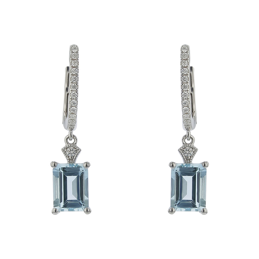 Emerald Cut Aquamarine and Diamond Drop Earrings in 14K White Gold