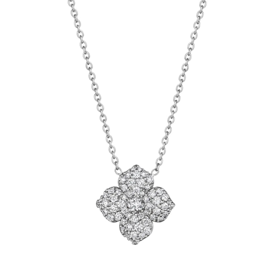 Diamond Pave Flower Necklace in 18K White Gold, 18in