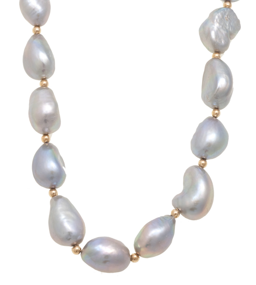 Grey Baroque Pearl and Gold Bead Necklace in 14K Yellow Gold 16"