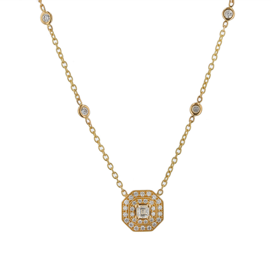 Diamond Octagon Double Halo Necklace in 18K Yellow Gold, 18in