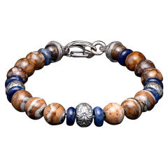 Sand and Sea Fire Opal Sodalite and Woolly Mammoth Tooth Beaded Bracelet in Sterling Silver, Large