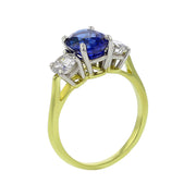 Oval Sapphire and Round Diamond Three Stone Ring in Platinum and 18K Yellow Gold, Size 6