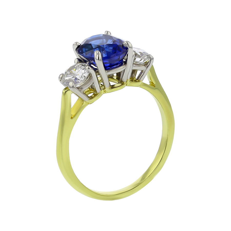 Oval Sapphire and Round Diamond Three Stone Ring in Platinum and 18K Yellow Gold, Size 6