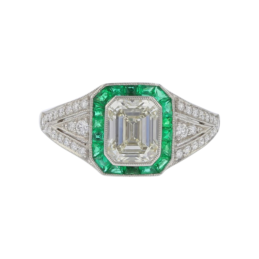 1.37ct Emerald Cut Diamond, 0.25ct Emerald and 0.25ct Diamond Ring in Platinum