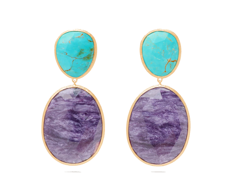 Turquoise and Charoite Drop Earrings 18K Yellow Gold