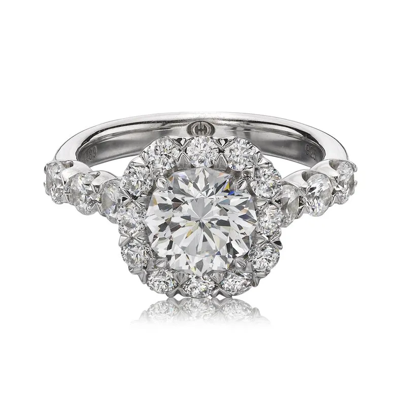 1.28ct Round Diamond Halo Semi-Mount Ring in 18K White Gold for Cushion Center, Size 6.25