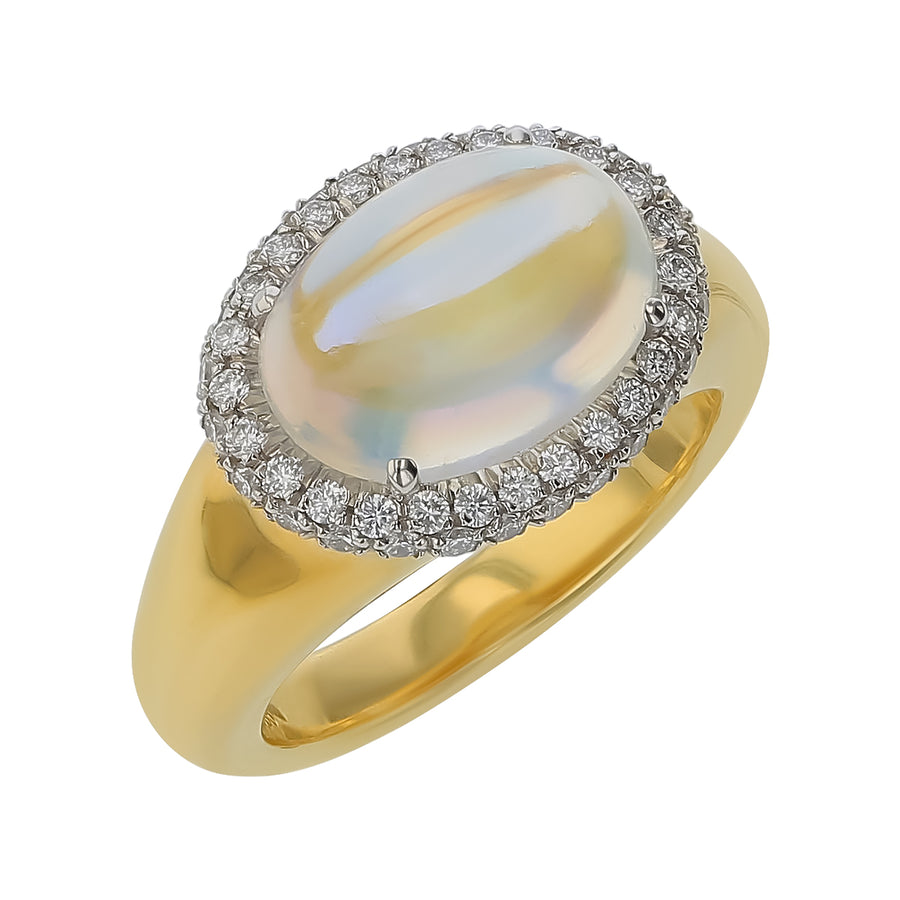5.33ct Oval Cabochon Moonstone and 0.41ct Diamond Halo Ring in Platinum and 18K Yellow Gold, Size 6.5