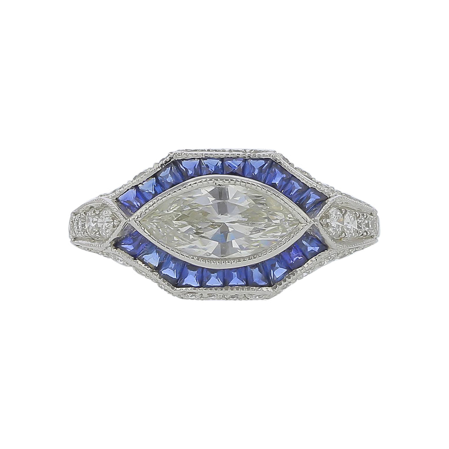 1.02ct Marquise Diamond 0.56ct Sapphires 0.61ct Diamond Ring in Platinum, size 6.25