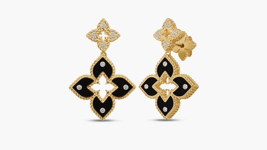 Venetian Princess 0.12ct Diamond Double Flower Drop Earrings in 18K Yellow Gold and Black Enamel