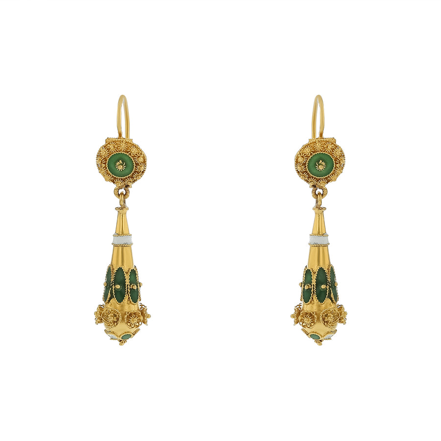 Vintage Drop Earrings in 18K Yellow Gold and Green Enamel