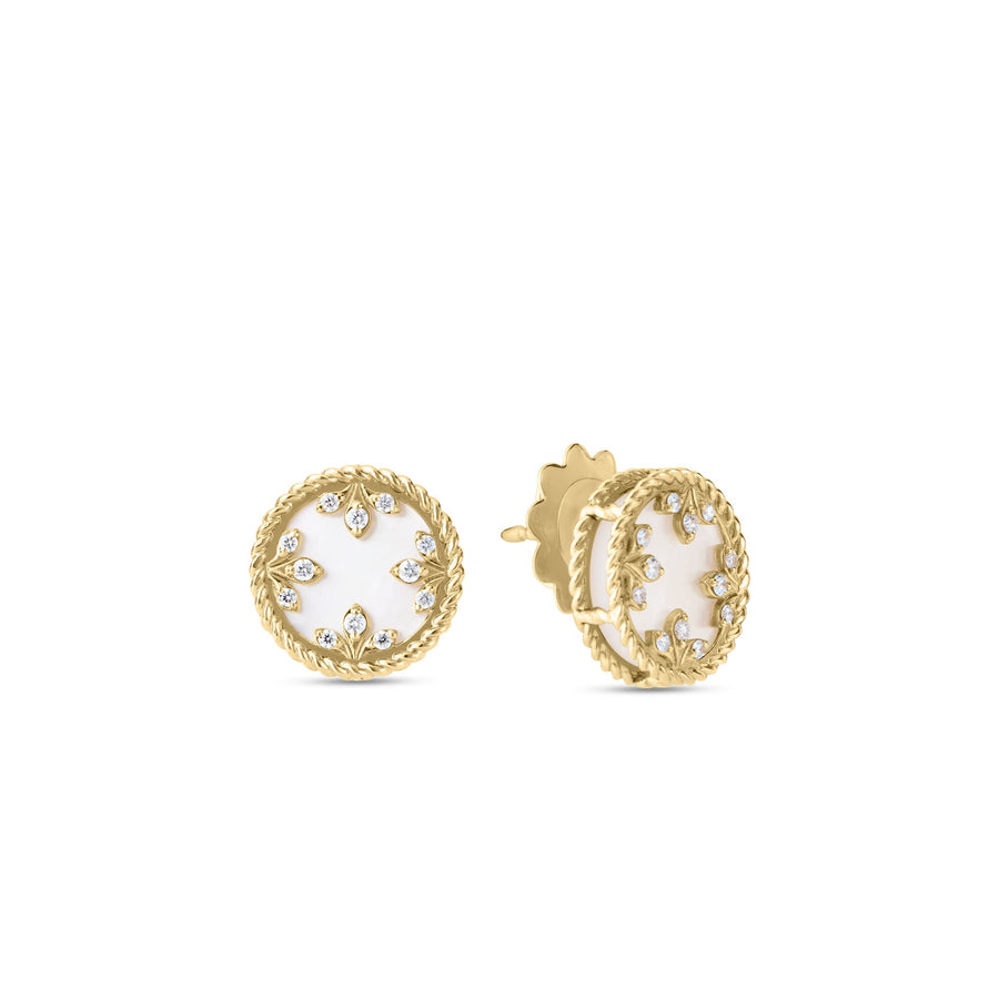 Venetian Medallion 4.00ct Mother of Pearl and 0.10ct Diamond Stud Earrings in 18K Yellow Gold