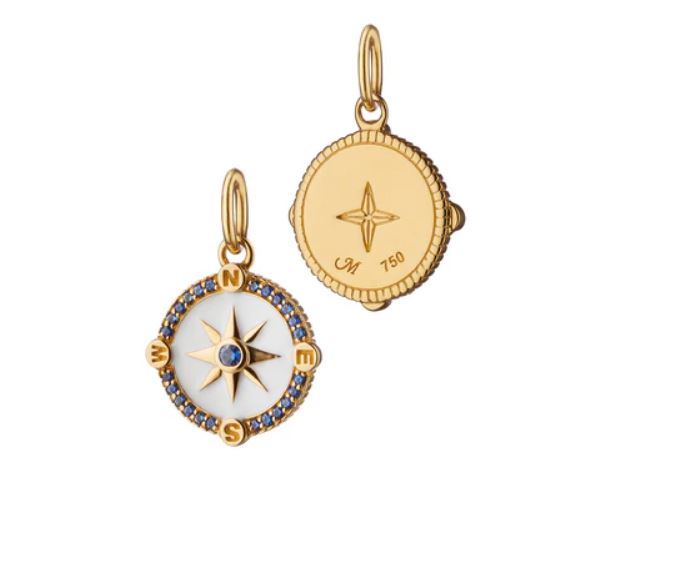 Adventure 0.12Ct Sapphire Compass Charm without Chain in White Enamel and 18k Yellow Gold