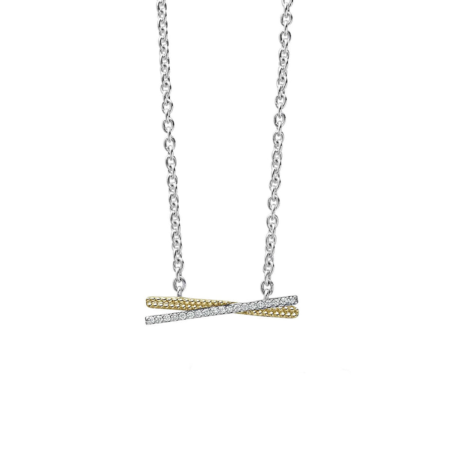 Diamond Caviar Lux Thin "X" Necklace in Sterling Silver and 18K Yellow Gold, Adjustable Chain