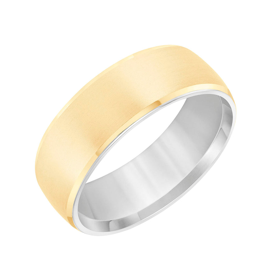 7mm Low Dome Roll Edge Carved Band in 18k White and Yellow Gold, size 10