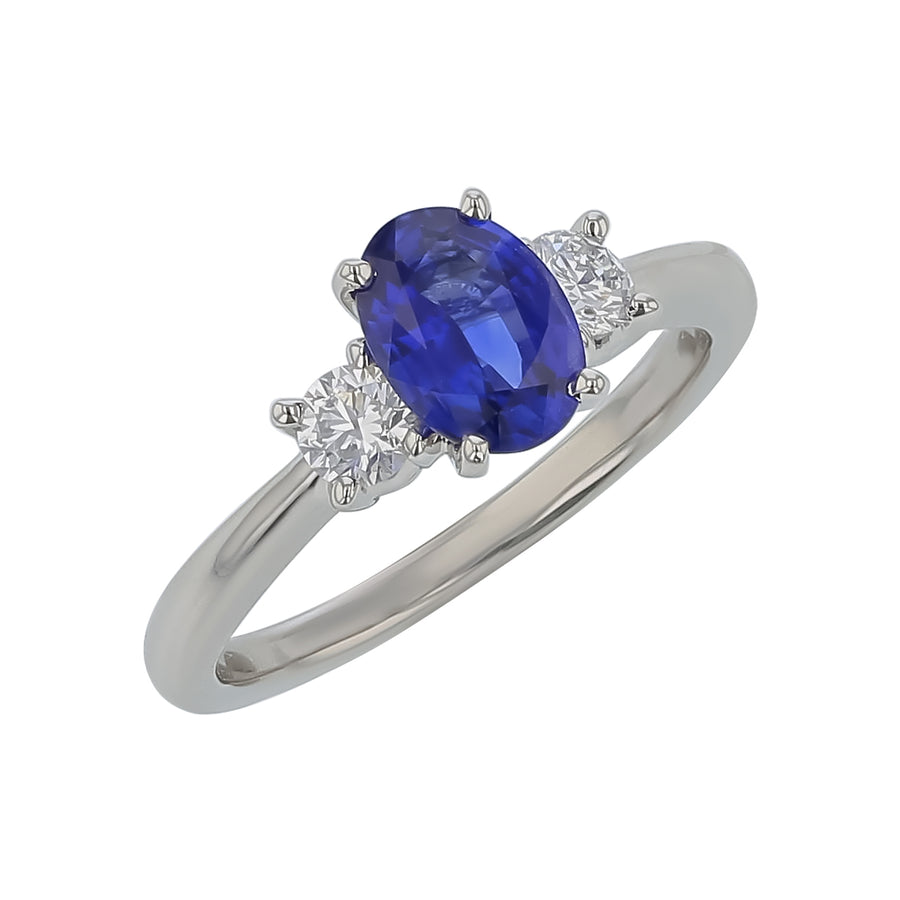 1.02ct Oval Sapphire and 0.28ct Diamond 3-Stone Ring in Platinum, Size 6