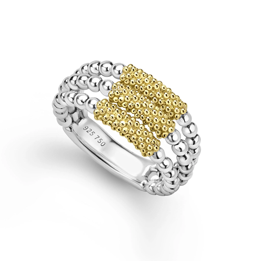 Caviar Icon 10mm Three Row Ring in 18K Yellow Gold and Sterling Silver, size 7