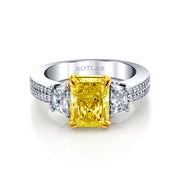 Harmonie 3.02ct Radiant Cut Fancy Yellow Diamond and 0.58ct Trapezoid Diamond and 0.28ct Diamond 3 Stone Ring in Platinum and 18K Yellow Gold