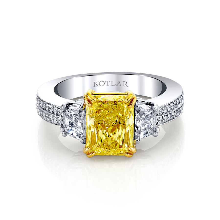 Harmonie 3.02ct Radiant Cut Fancy Yellow Diamond and 0.58ct Trapezoid Diamond and 0.28ct Diamond 3 Stone Ring in Platinum and 18K Yellow Gold