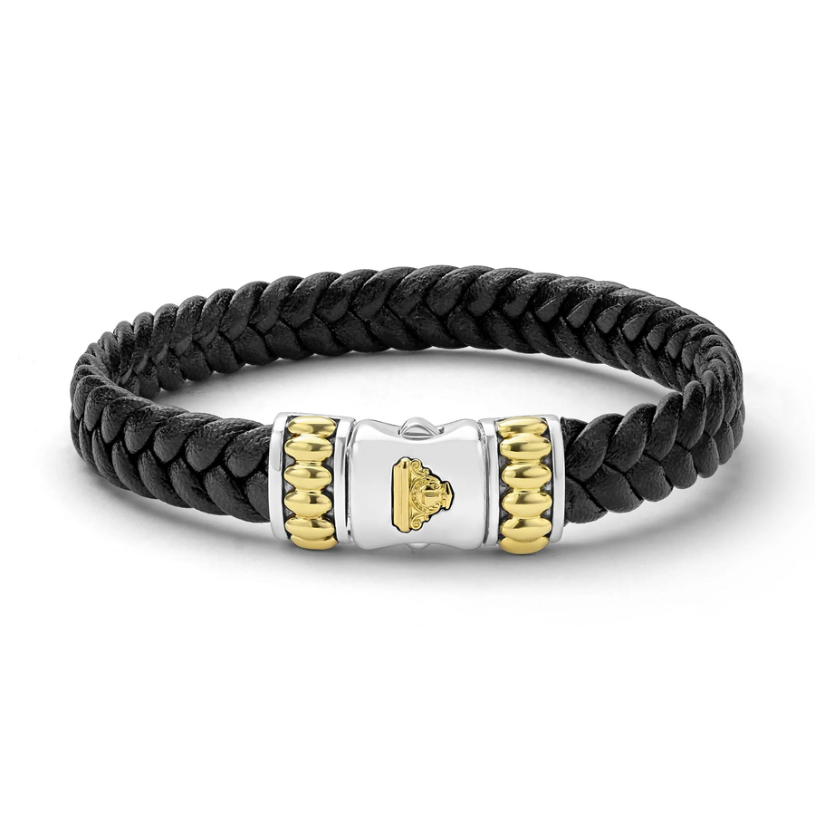 Anthem 10mm Black Braided Leather Bracelet in 18K Yellow Gold and Sterling Silver