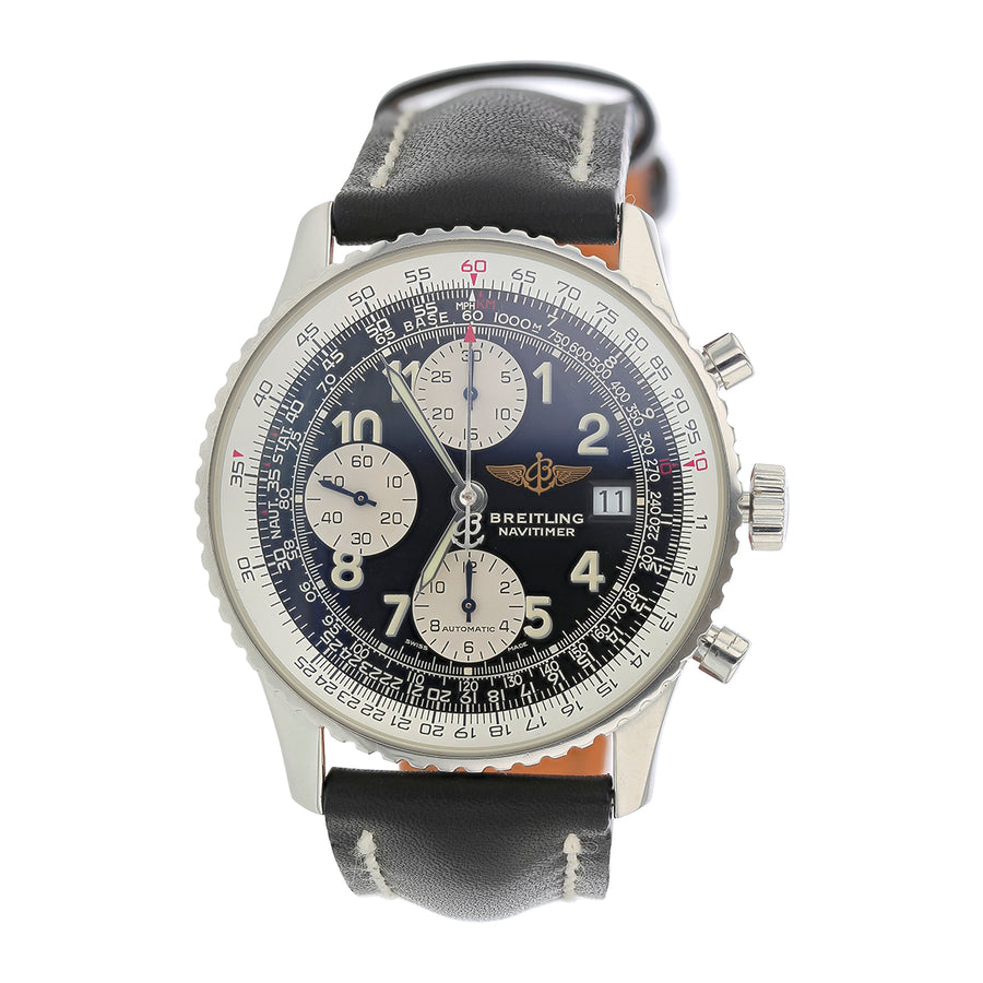 41mm Breitling Old Navitimer Watch with Black Dial in Stainless Steel, Strap