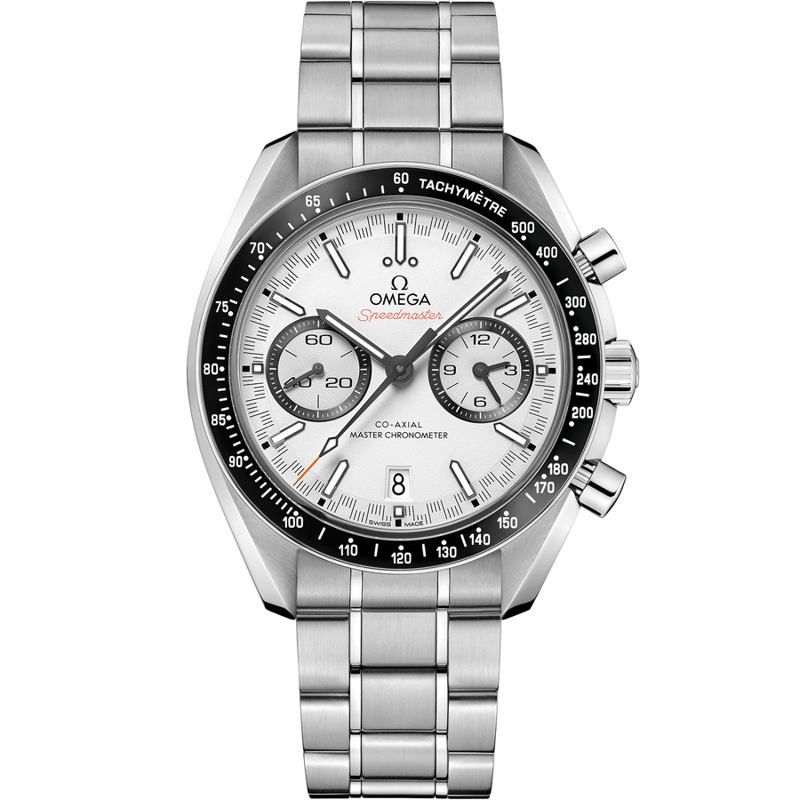 44.25 Speedmaster Racing Watch with White Dial in Stainless Steel, Bracelet