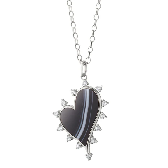 6.61ct Agate and 0.68ct White Sapphire Heart Halo Pendant in Sterling Silver, 18" chain