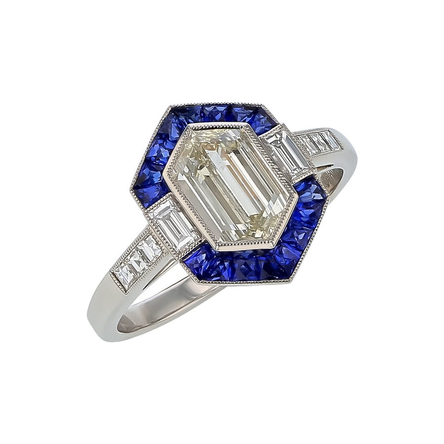0.92ct Diamond center, 0.33ct Diamond Side Stones and 0.33ct Sapphire Hexagon Ring in Platinum, size 6.5