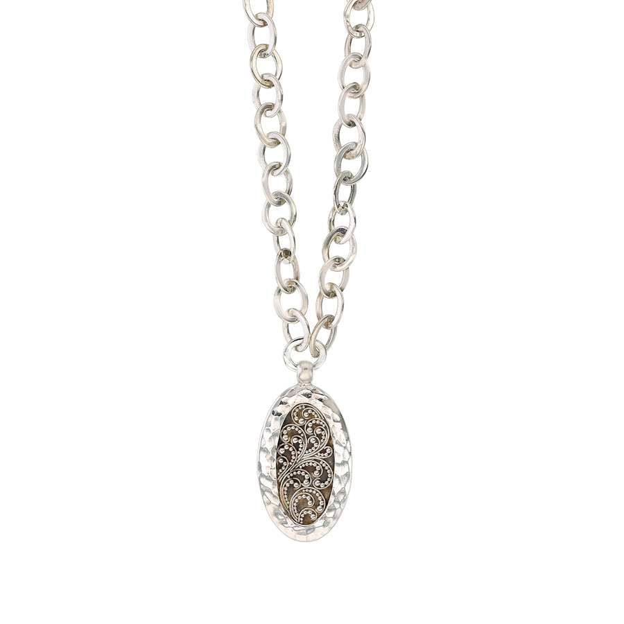 Lois Hill Hammered Filigree Oval Pendant in Sterling Silver, 16" Round Link chain