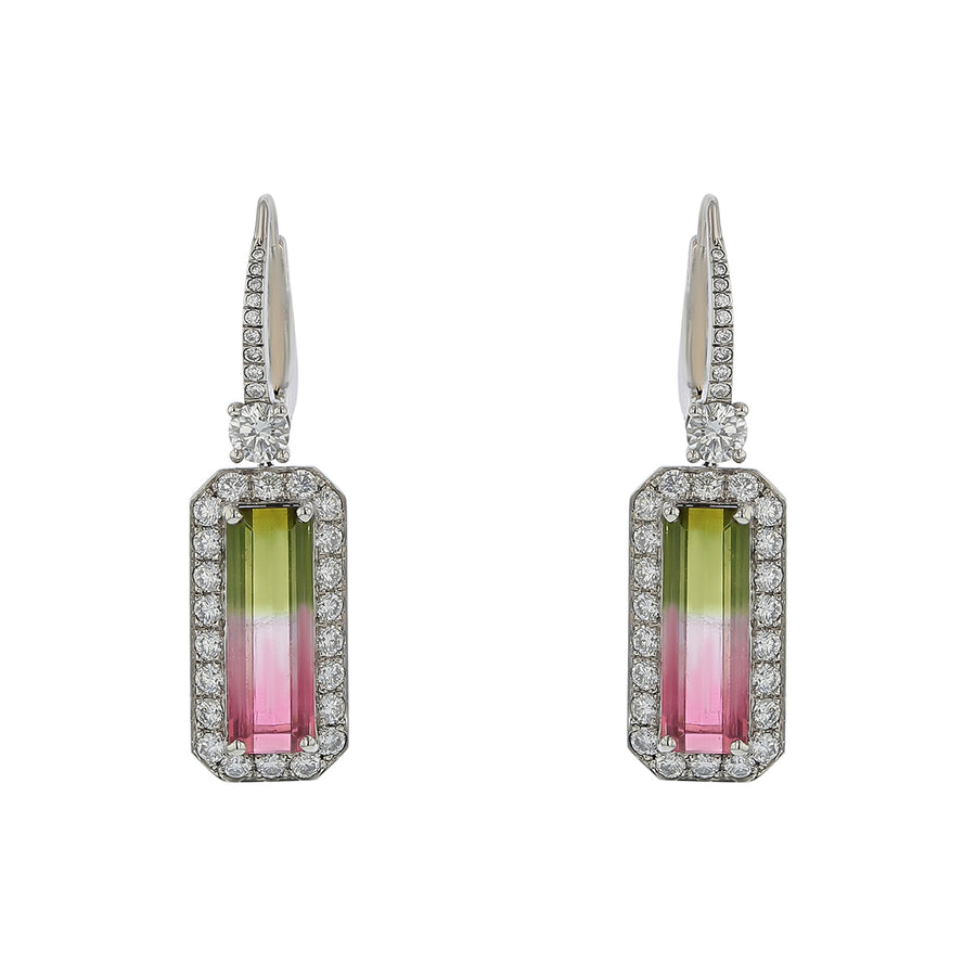 Tri-Color Tourmaline and Diamond Halo Drop Earrings in Platinum