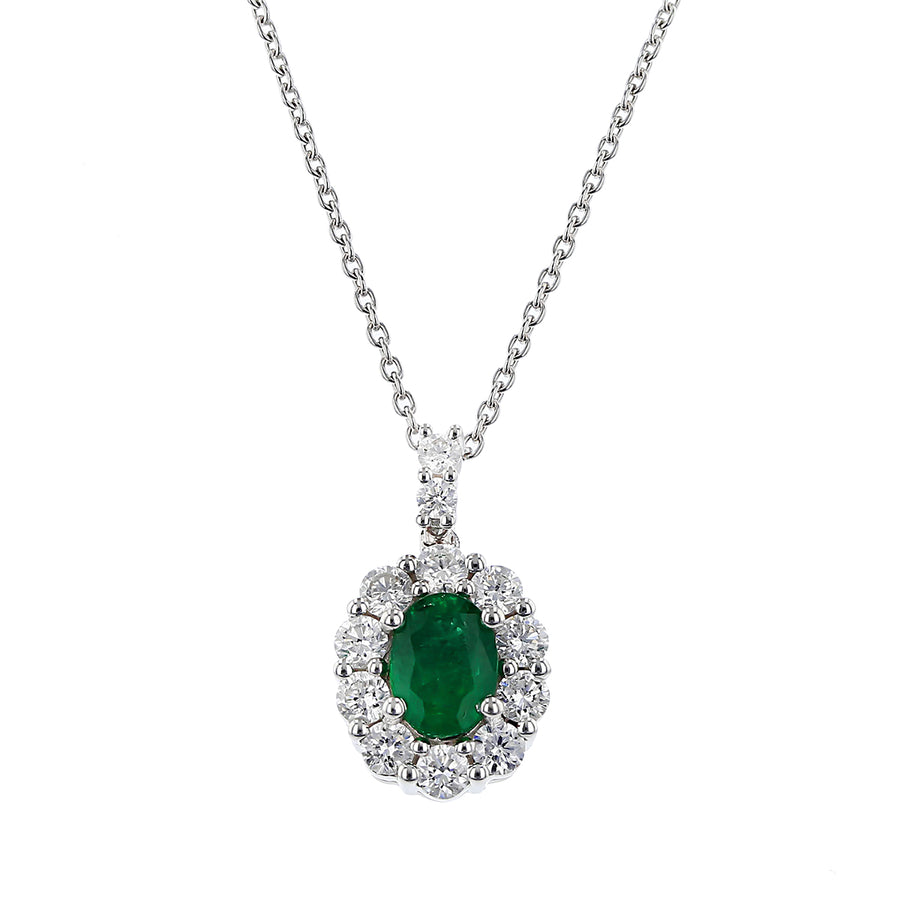 0.67ct Diamond and 0.77ct Oval Emerald Halo Pendant in 18K White Gold on 18" chain