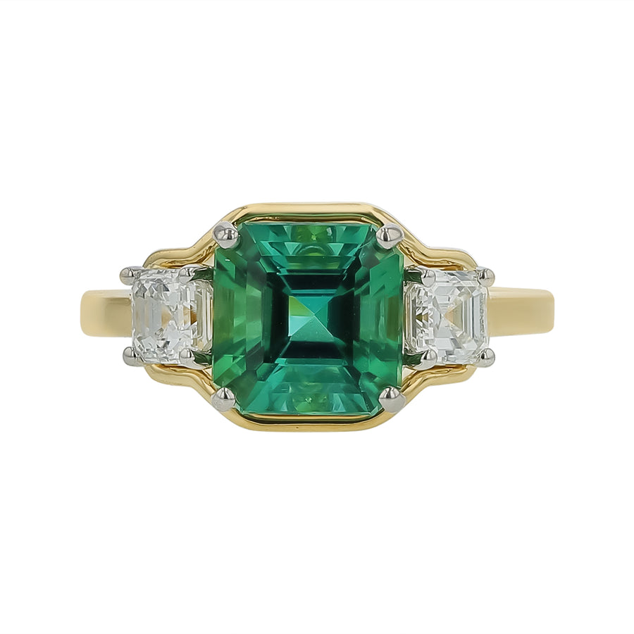 2.63ct Emerald Blue Green Tourmaline, 0.85ct Asscher and 0.07ct Yellow Round Diamond Ring in 18K Yellow Gold, size 6.5
