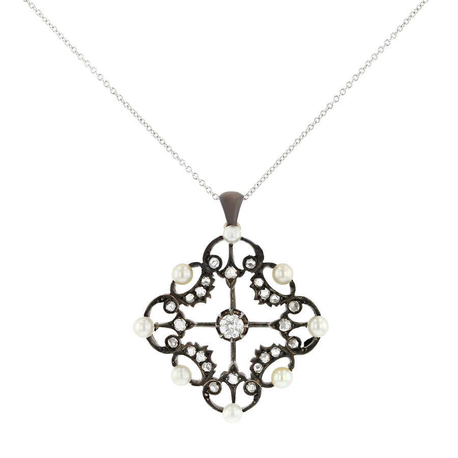 0.25ct Old Mine Cut Diamond and Pearl Pendant in Sterling Silver and 14K Gold with 16" Chain (Circa 1860s)