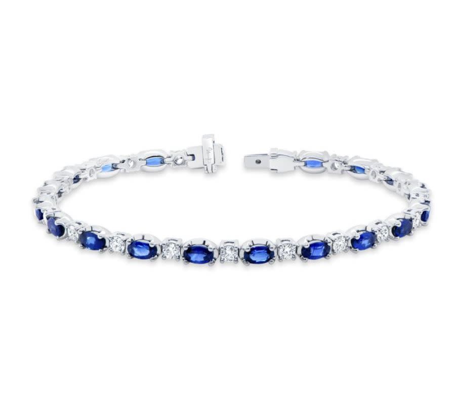 Precious Round Diamond and Oval Blue Sapphire Link Bracelet in 18K White Gold, Small