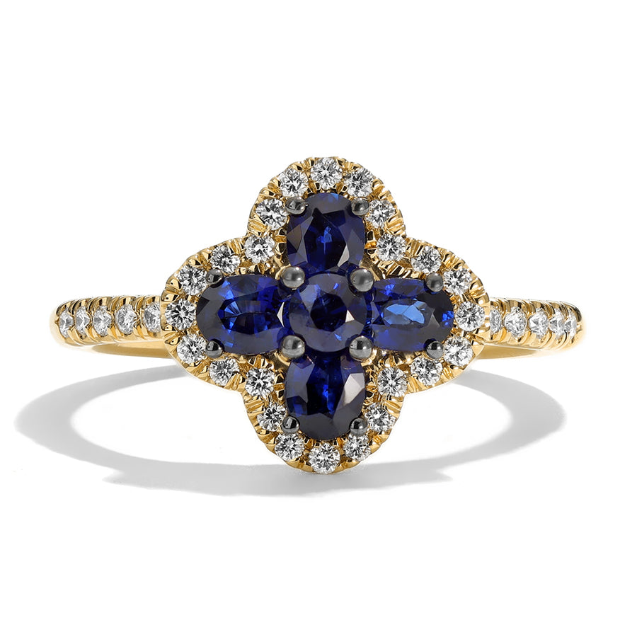 Felicity Sapphire and Diamond Quatrefoil Ring in 18K Yellow Gold, Size 6.5
