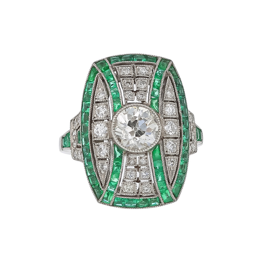 Art Deco 1.01ct Old European Cut Diamond 2.78ct Emerald and 0.74ct Diamond Ring in Platinum, size 6.25