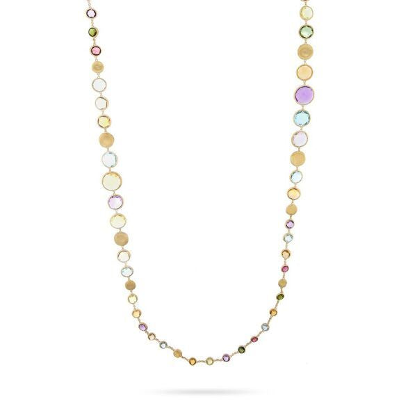 Jaipur Mixed Gemstone Hand Engraved Double Wave Necklace in 18K Yellow Gold, 36"