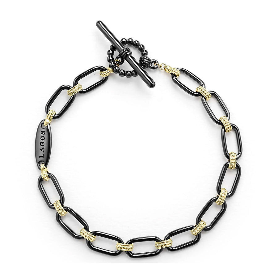 Signature Caviar Oval Link Bracelet in 18K Yellow Gold and Black Ceramic, size 7