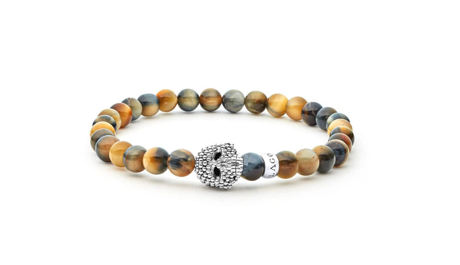 Signature Caviar Anthem Tiger Eye Skull Stretch Bracelet with Sterling Silver, Size 8