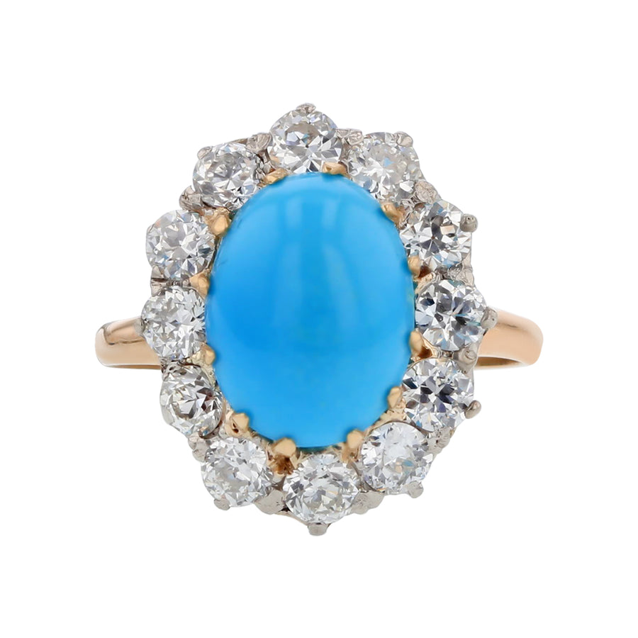 4.00ct Cabochon Turquoise and 1.40ct Round Diamond Halo Ring 14k Yellow Gold Size 7.75