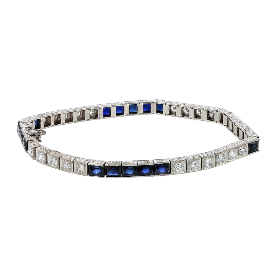 Art Deco 2.75ct Old European Cut Diamond 8.50ct French Cut Sapphire Line Bracelet in Platinum, 7" Circa 1930's