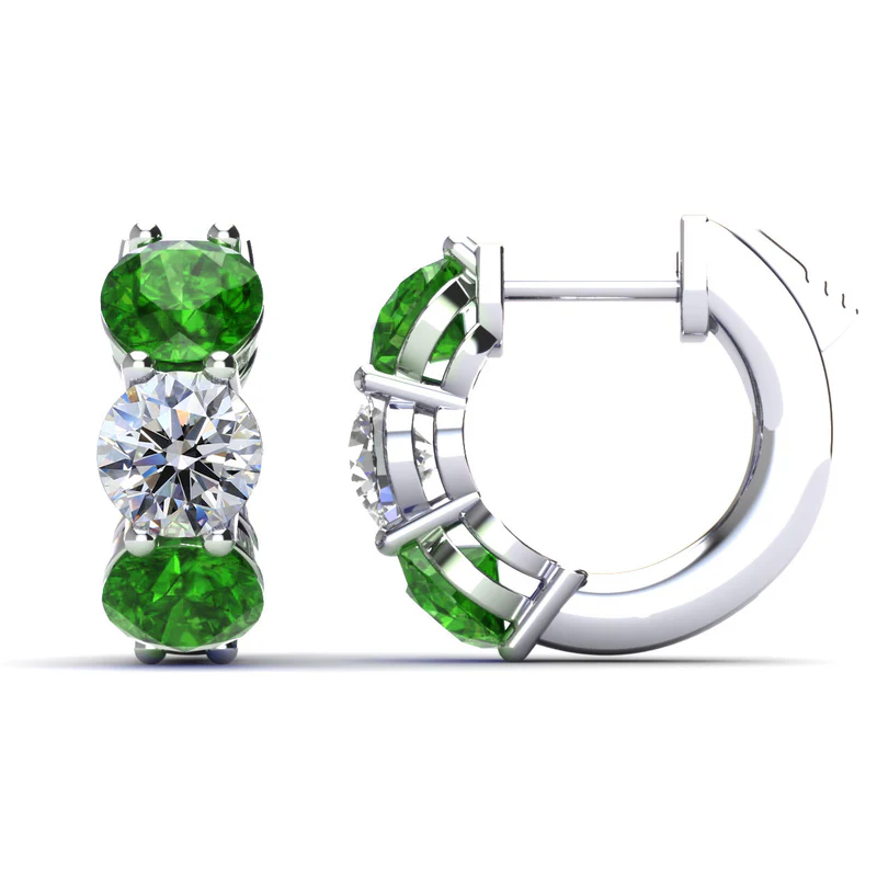 0.94ct Round Emerald and 0.49ct Diamond Huggie Hoop  Earrings in 14K White Gold